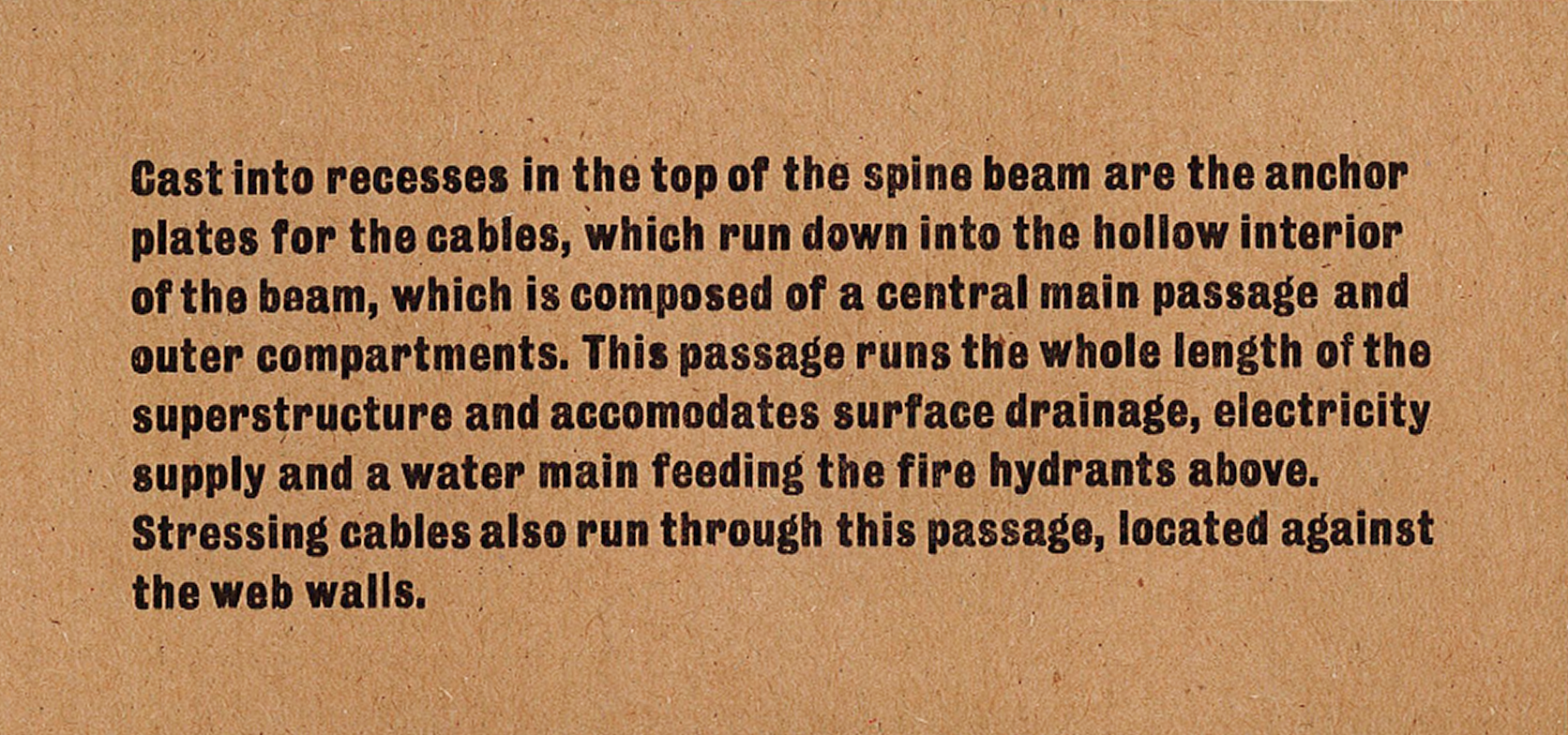 Spine beam — interpretive plaque on kraft paper: anchor plates and stressing cables in the hollow beam, central passage for drainage, power, water main, and hydrants