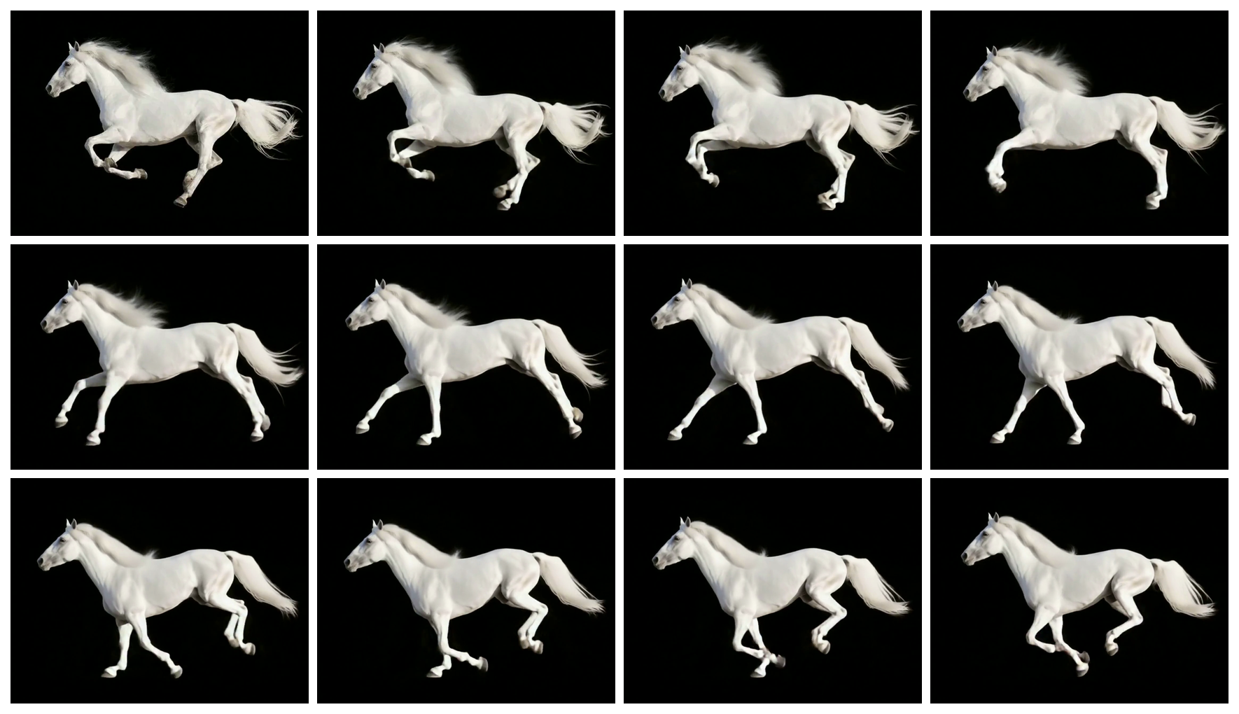 Stop-motion style grid of Kim Jong-un's white horse in motion