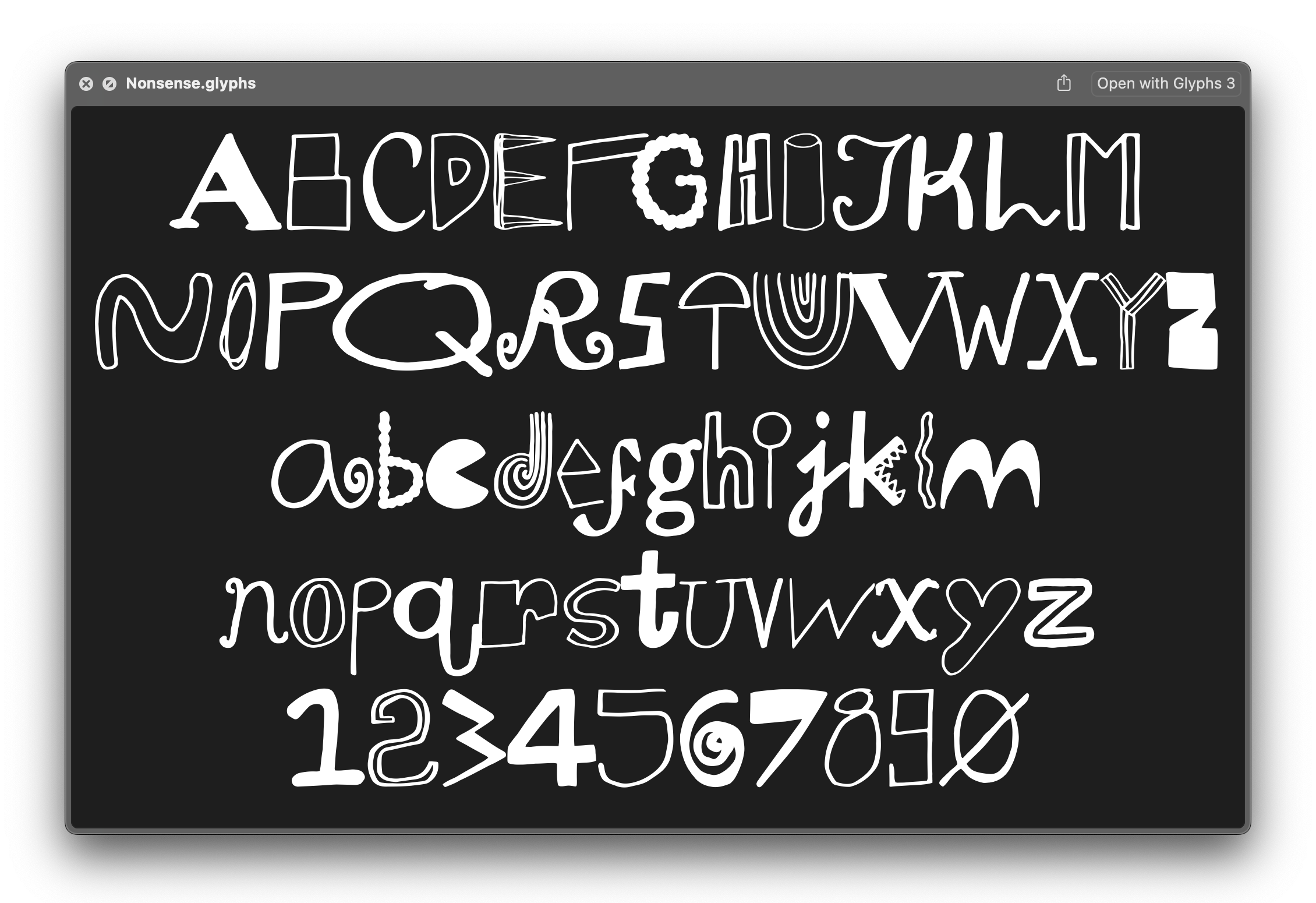 Nonsense.glyphs — full character set in Glyphs app (A–Z, a–z, 0–9)