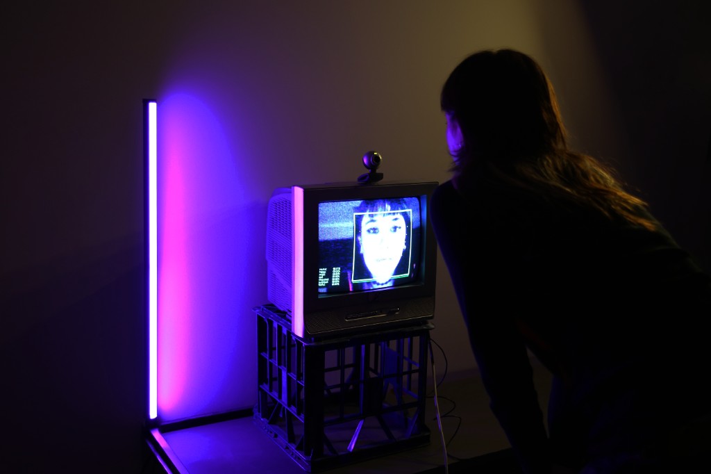 #Surveillancecore Pt.01 — installation with CRT, webcam, and face detection overlay