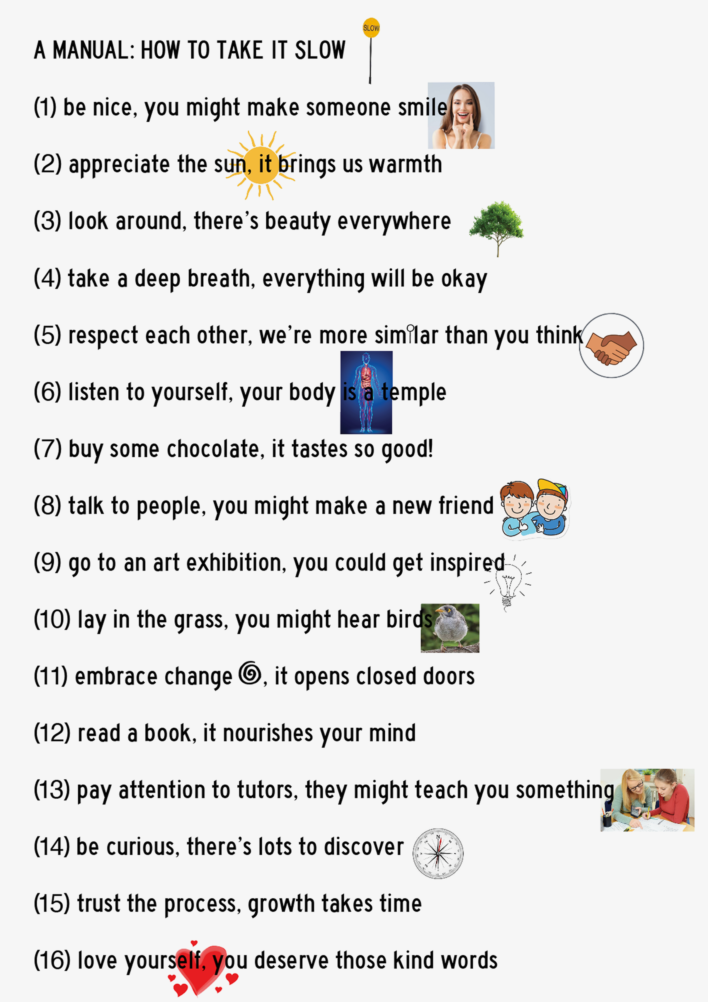 A manual: How to take it slow — numbered collage of tips and images