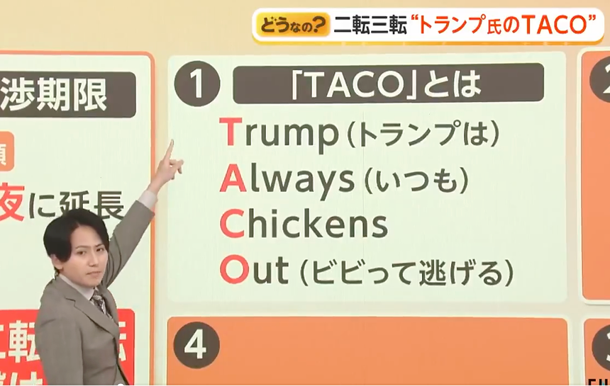 Japanese television satire graphic referencing TACO — Trump Always Chickens Out